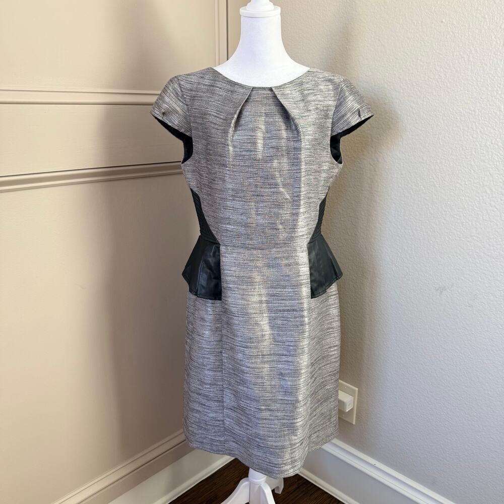 Antonio Melani Silver Gray Dress with Black Faux Leather Peplum Size 12